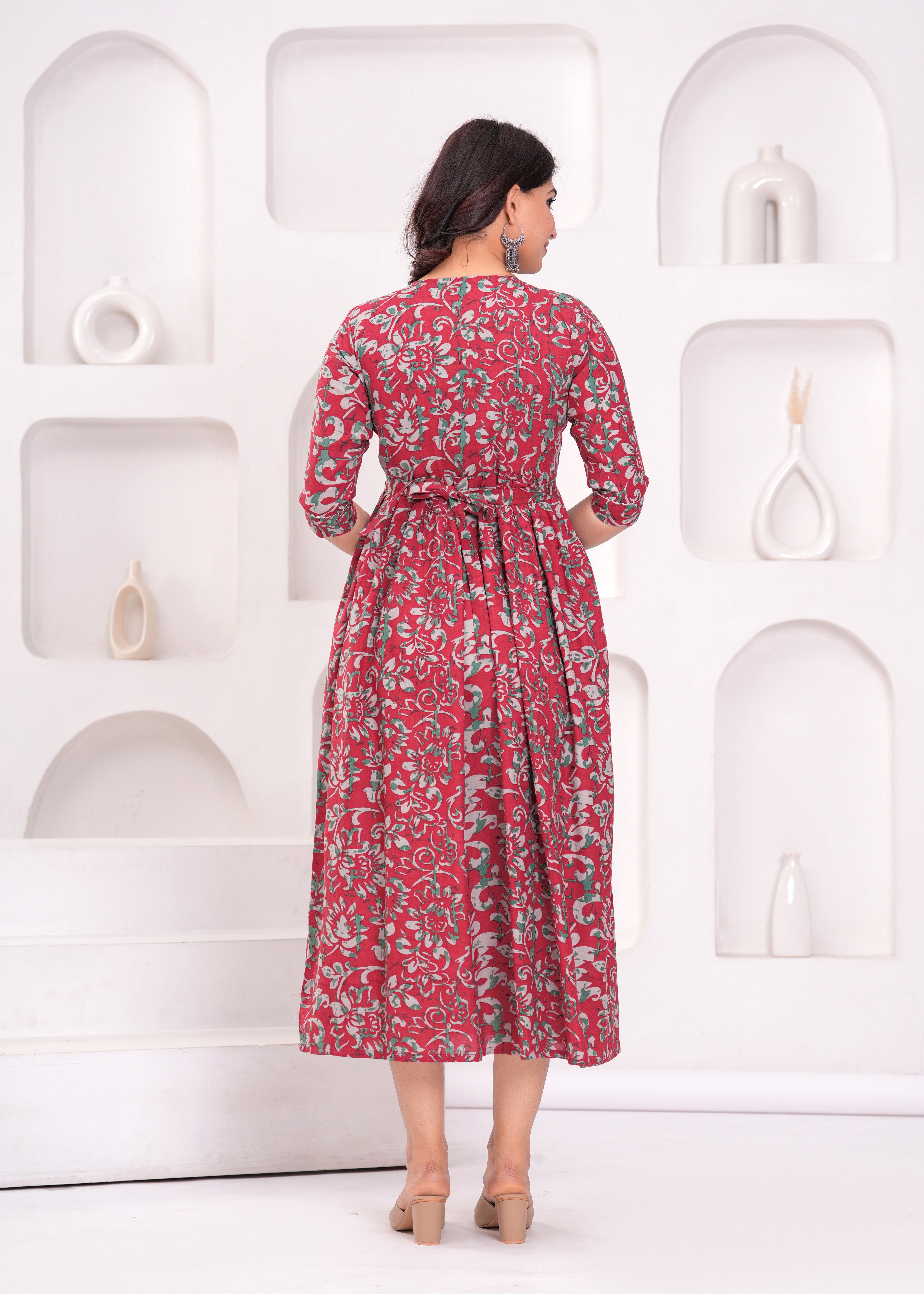 Deep Red Printed Pure Rayon Cotton Maternity and Feeding Kurta