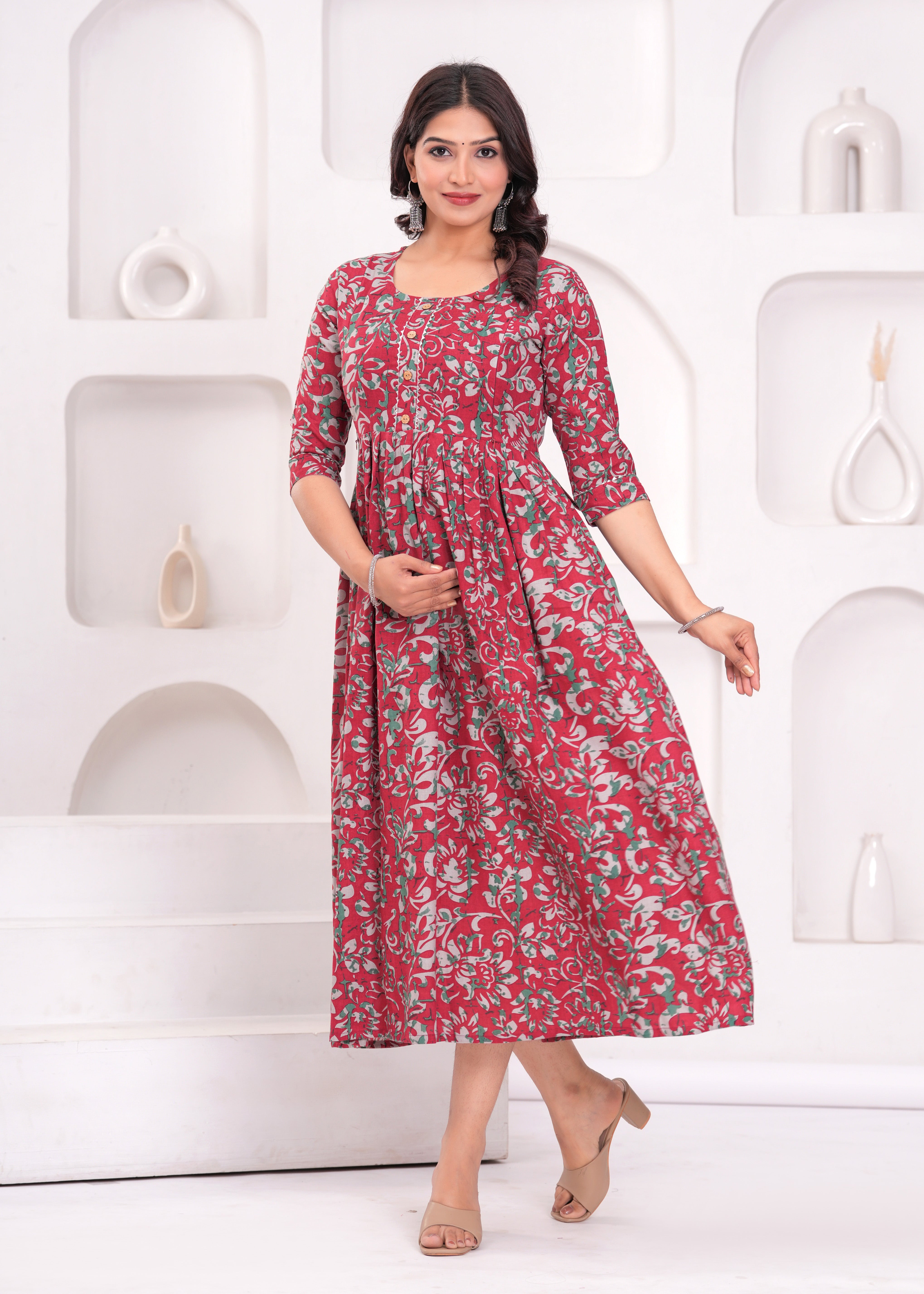 Deep Red Printed Pure Rayon Cotton Maternity and Feeding Kurta