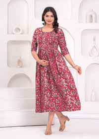 Deep Red Printed Pure Rayon Cotton Maternity and Feeding Kurta