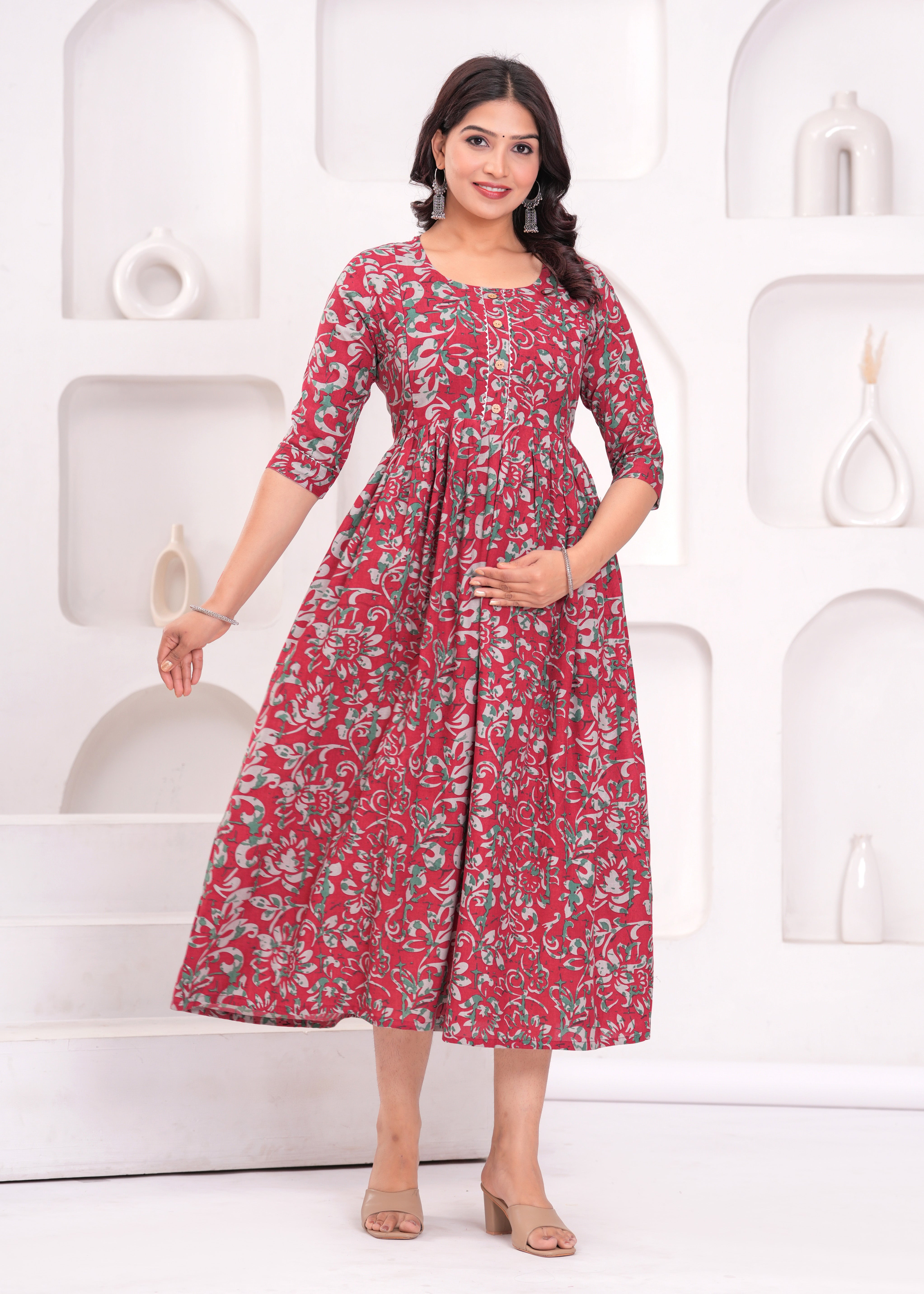 Deep Red Printed Pure Rayon Cotton Maternity and Feeding Kurta
