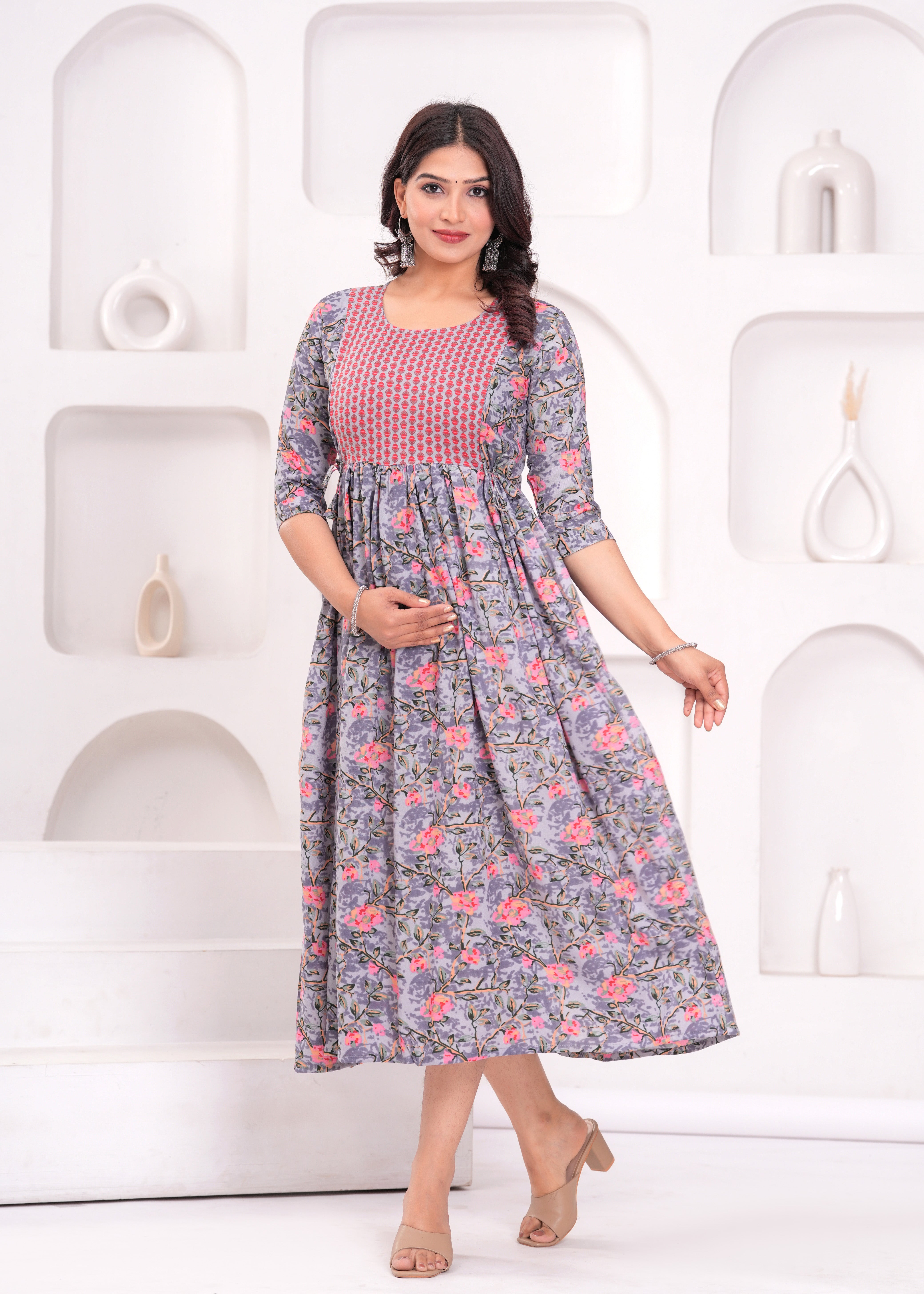 Lavender  Printed Pure Rayon Cotton Maternity and Feeding Kurta