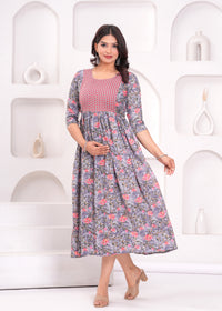 Lavender  Printed Pure Rayon Cotton Maternity and Feeding Kurta