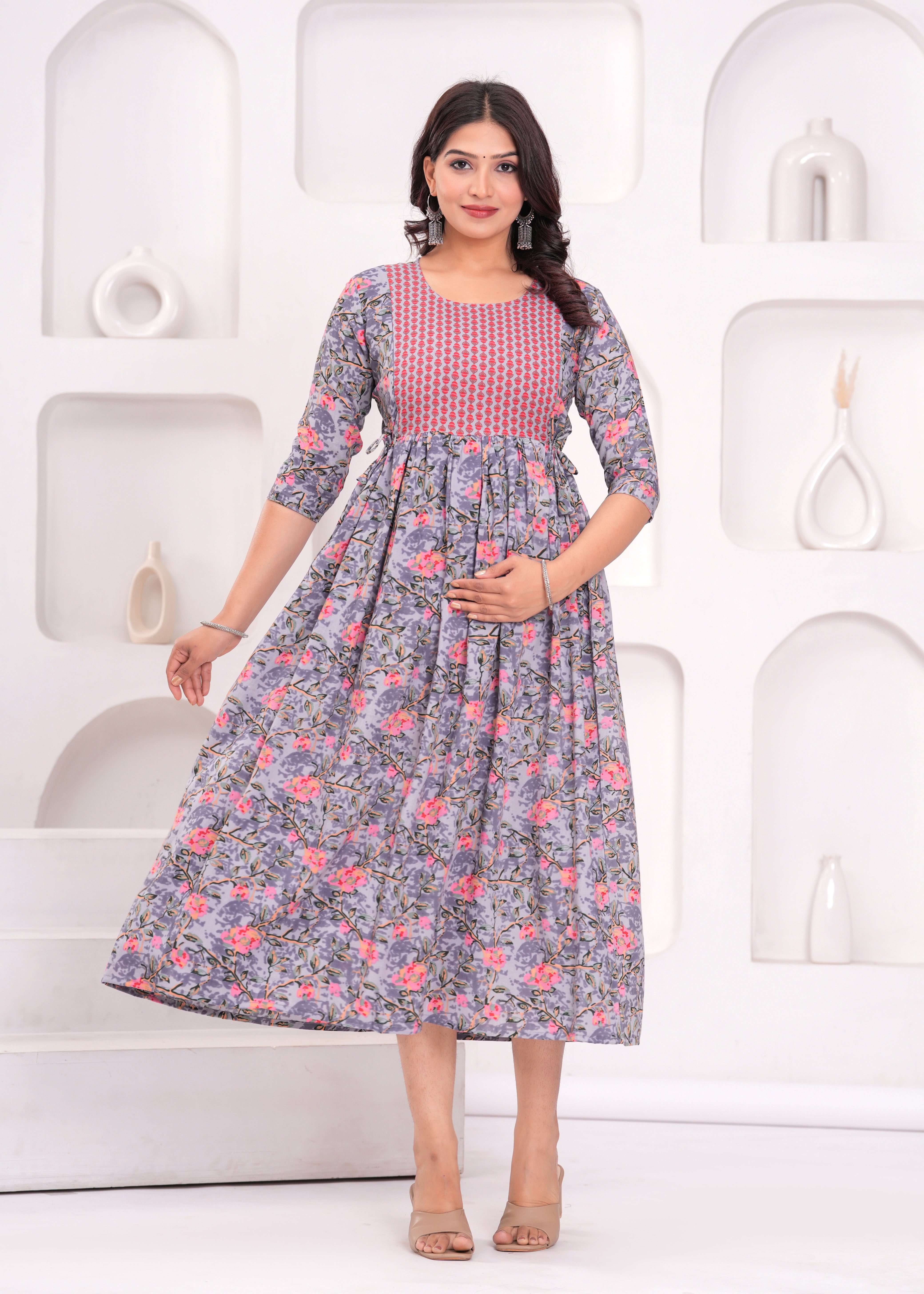 Lavender  Printed Pure Rayon Cotton Maternity and Feeding Kurta