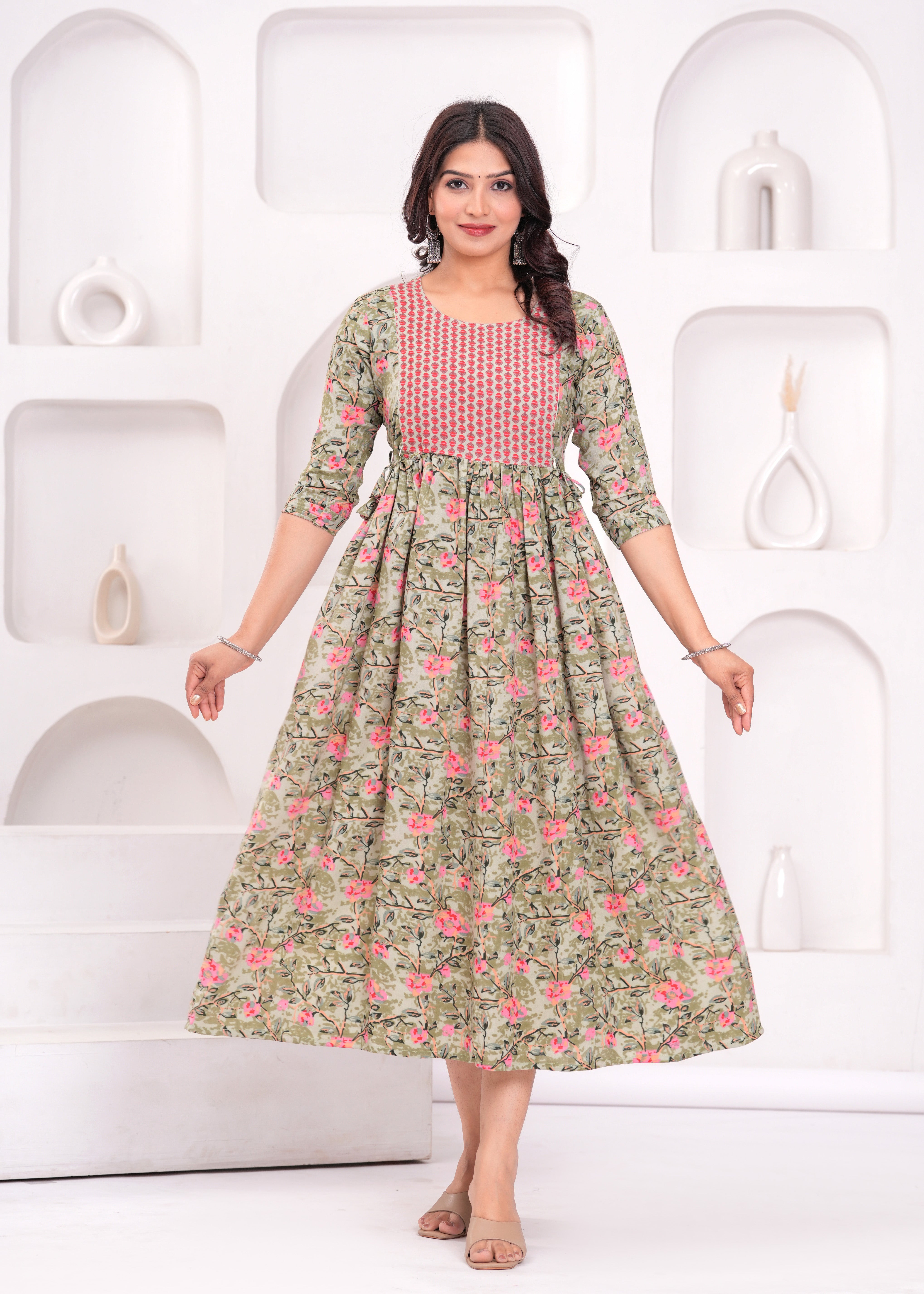 Light olive Green Printed Pure Rayon Cotton Maternity and Feeding Kurta
