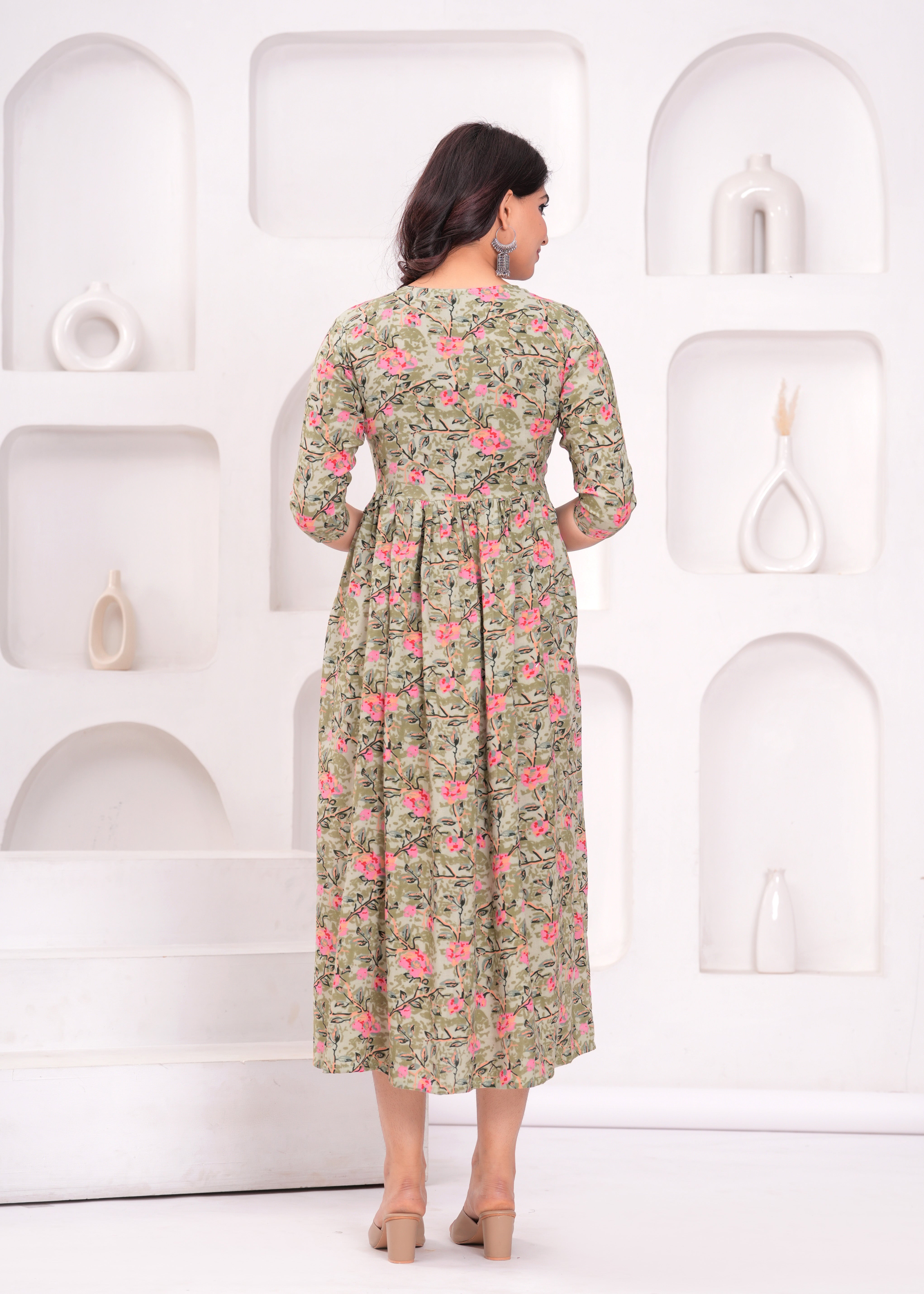 Light olive Green Printed Pure Rayon Cotton Maternity and Feeding Kurta