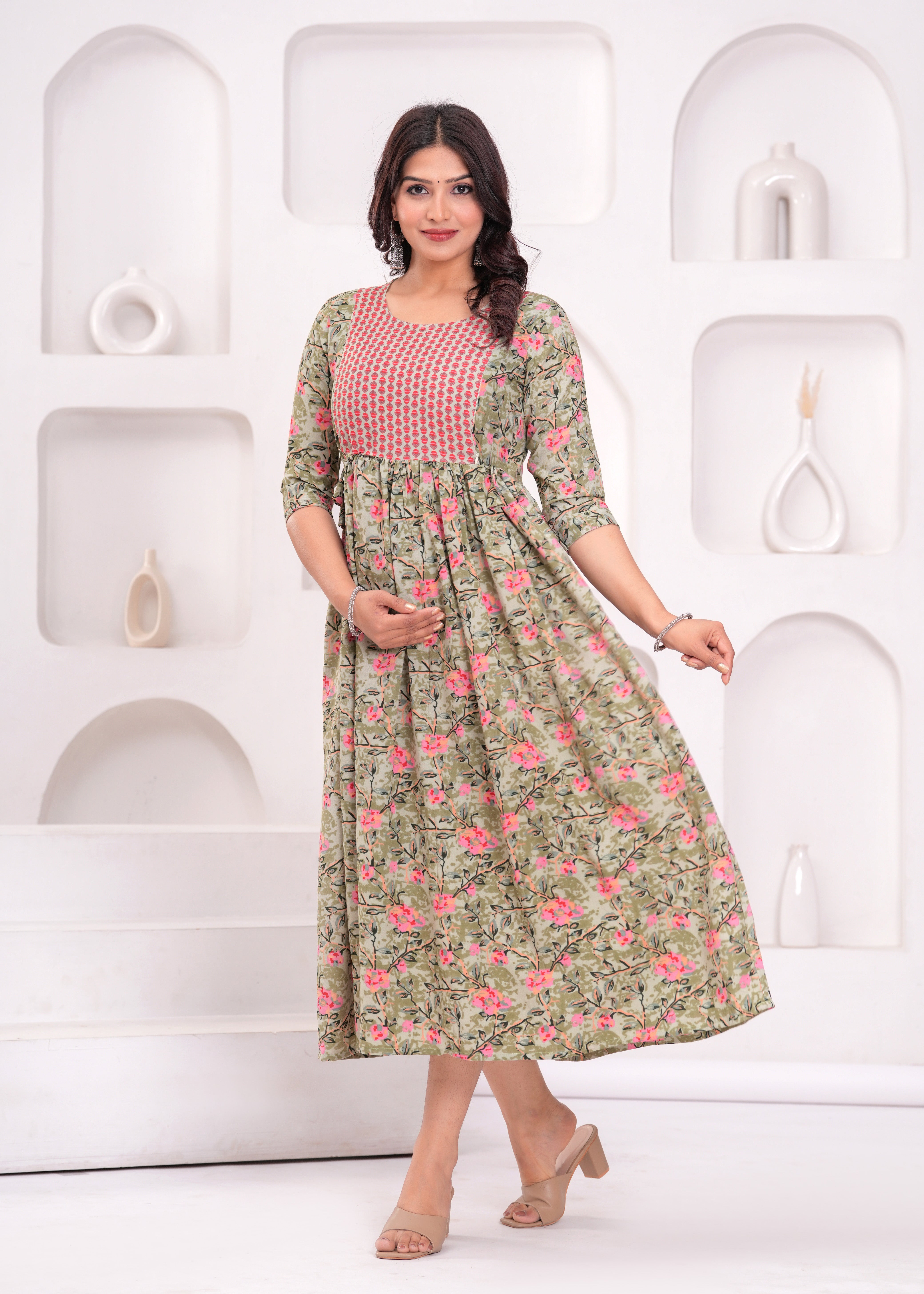 Light olive Green Printed Pure Rayon Cotton Maternity and Feeding Kurta
