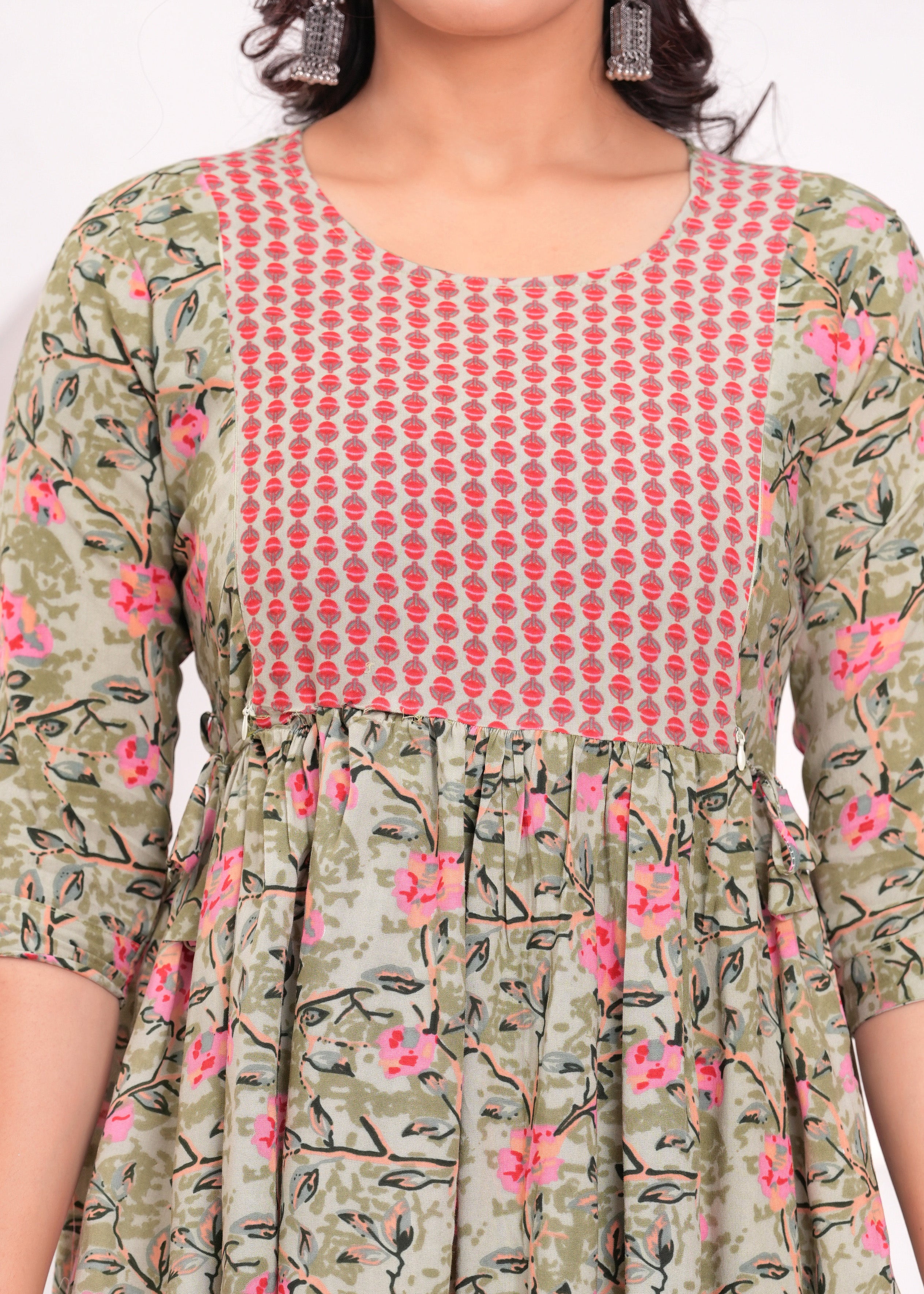 Light olive Green Printed Pure Rayon Cotton Maternity and Feeding Kurta