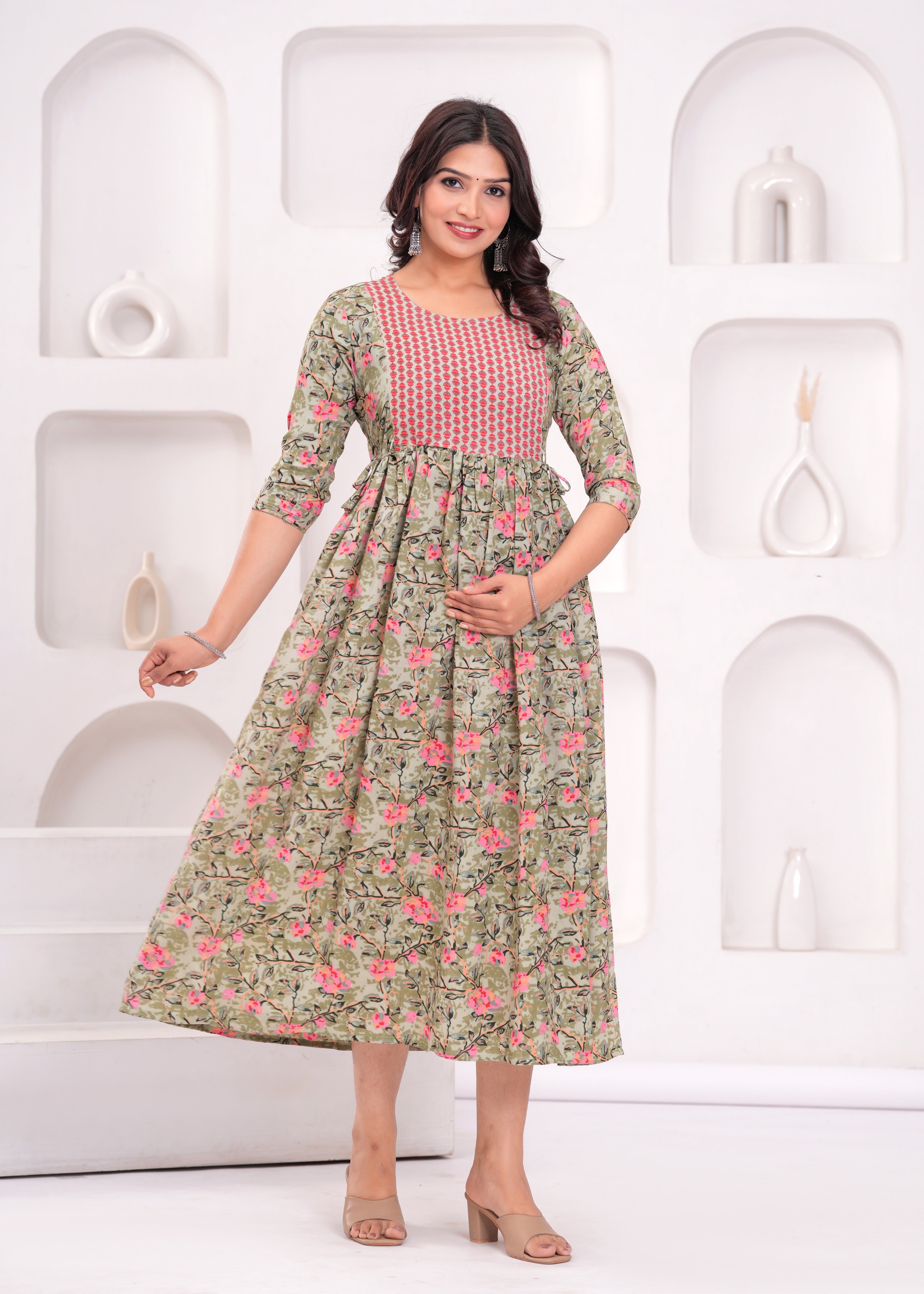 Light olive Green Printed Pure Rayon Cotton Maternity and Feeding Kurta