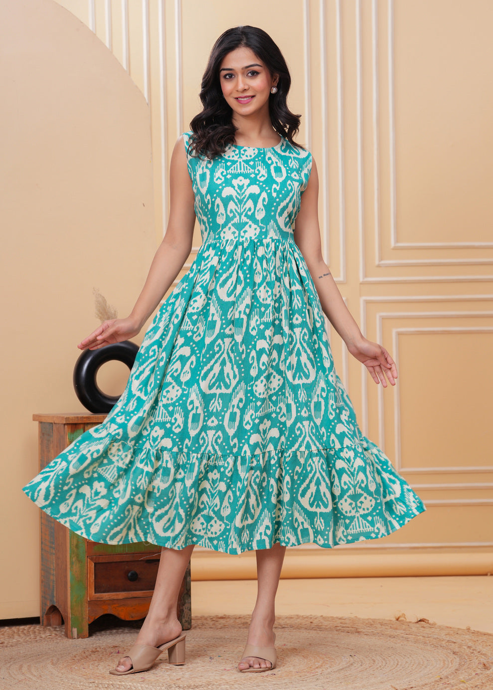 Women’s Turquoise Ikat Sleeveless Flared Dress