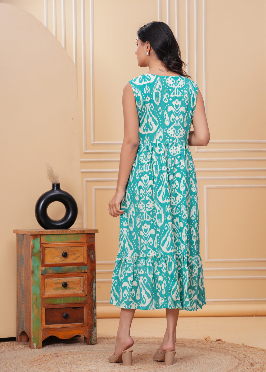 Women’s Turquoise Ikat Sleeveless Flared Dress