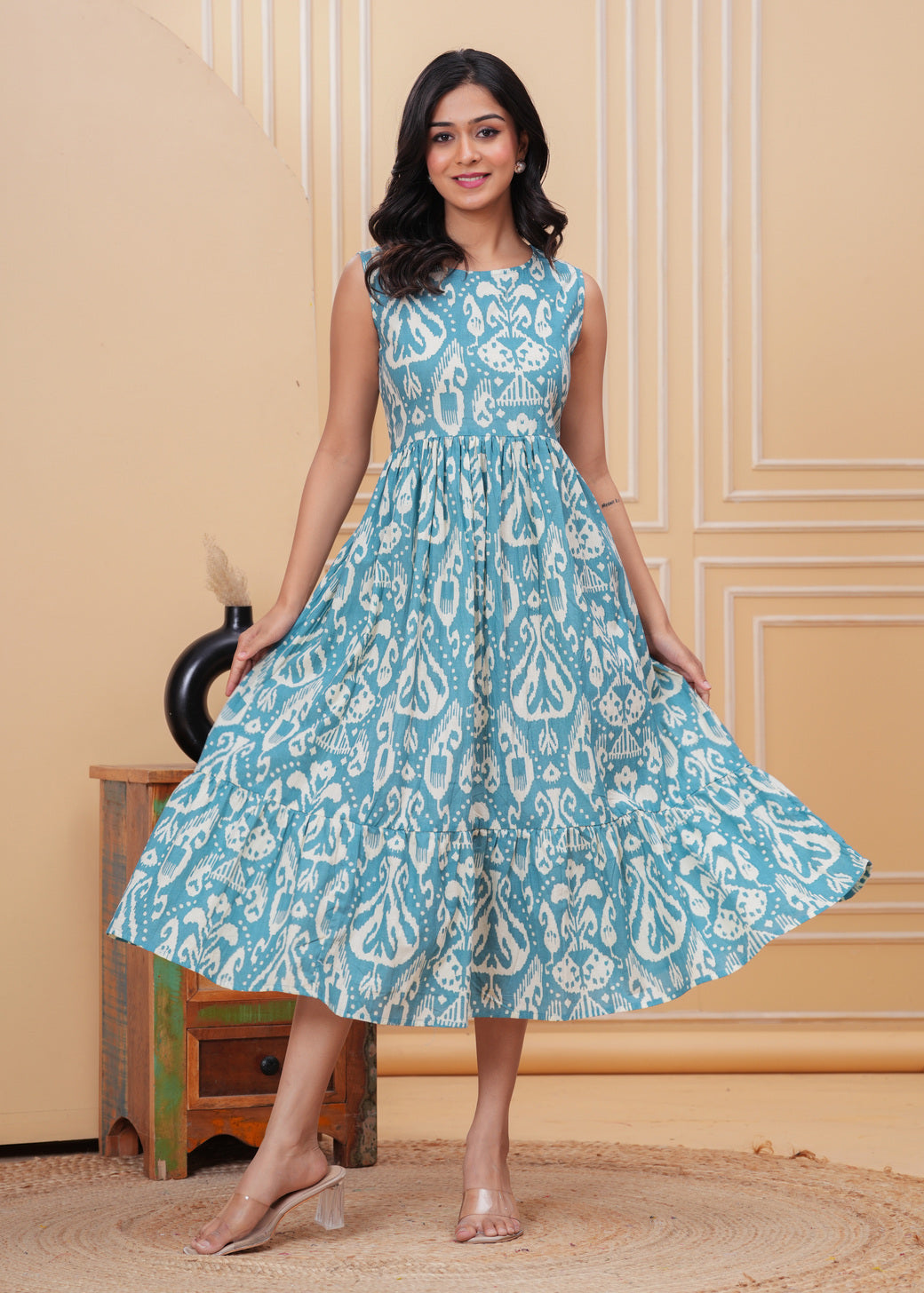 Women’s Turquoise Blue Ikat Sleeveless Flared Dress