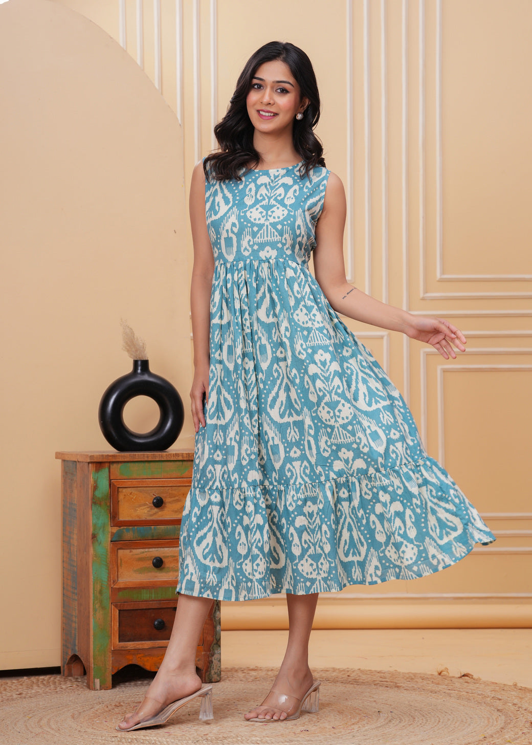 Women’s Turquoise Blue Ikat Sleeveless Flared Dress