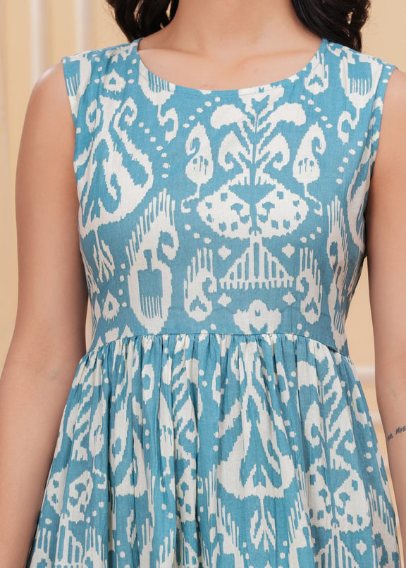 Women’s Turquoise Blue Ikat Sleeveless Flared Dress
