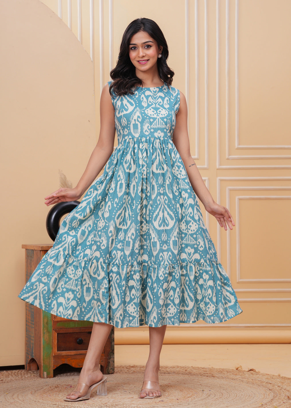 Women’s Turquoise Blue Ikat Sleeveless Flared Dress