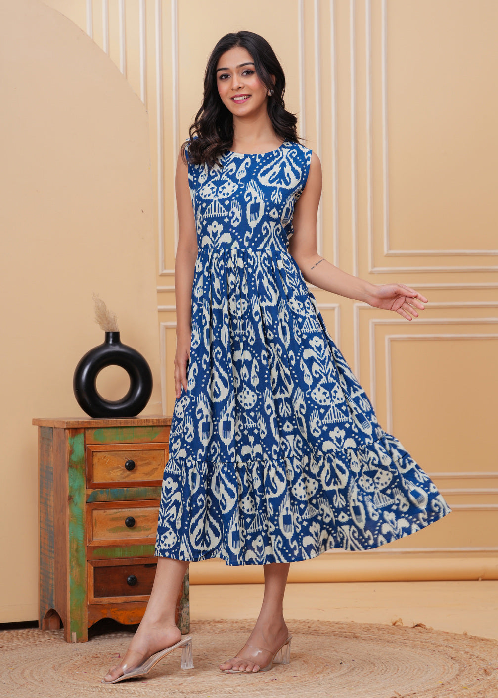 Women’s Navy Blue Ikat Sleeveless Flared Dress