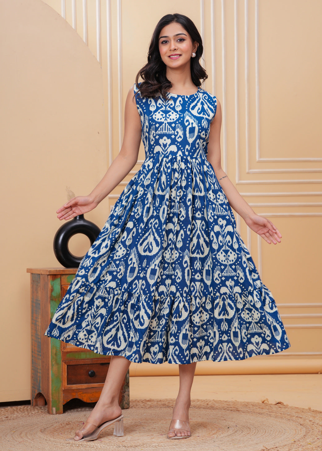 Women’s Navy Blue Ikat Sleeveless Flared Dress