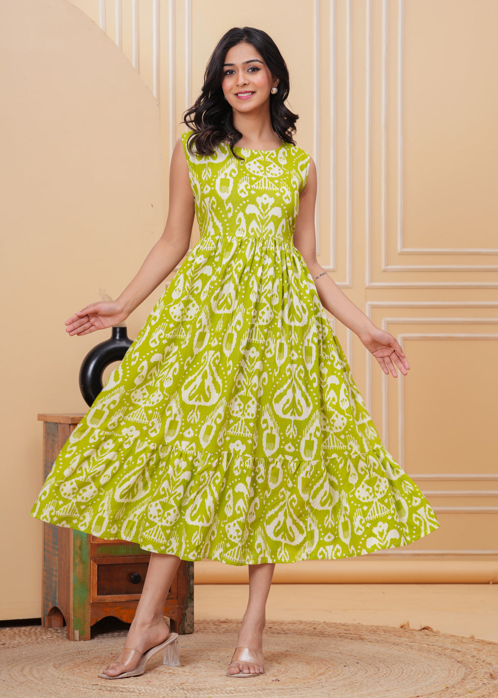 Women’s Lime Green Ikat Sleeveless Flared Dress