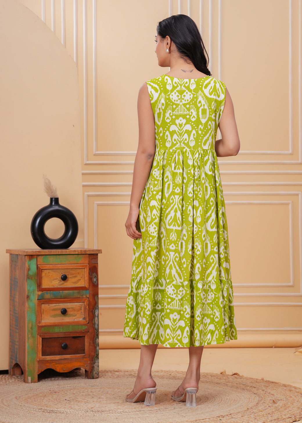 Women’s Lime Green Ikat Sleeveless Flared Dress
