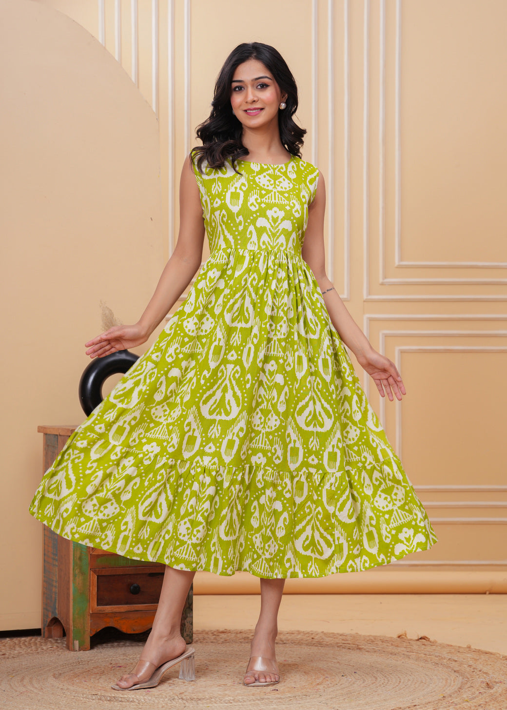 Women’s Lime Green Ikat Sleeveless Flared Dress