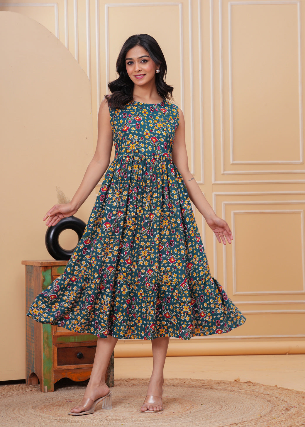 Women’s Teal Blue Ikat Sleeveless Flared Dress