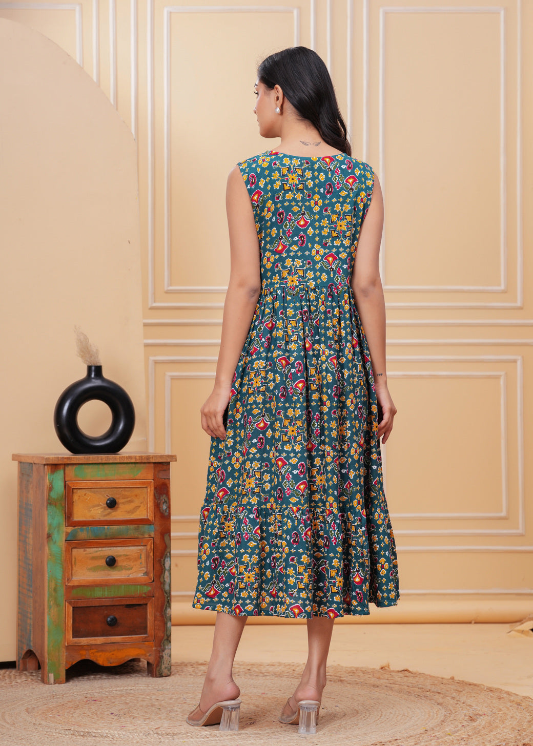 Women’s Teal Blue Ikat Sleeveless Flared Dress