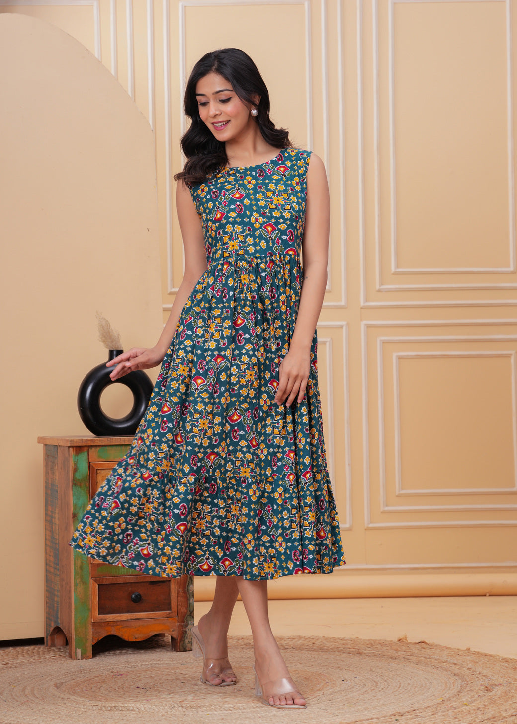 Women’s Teal Blue Ikat Sleeveless Flared Dress