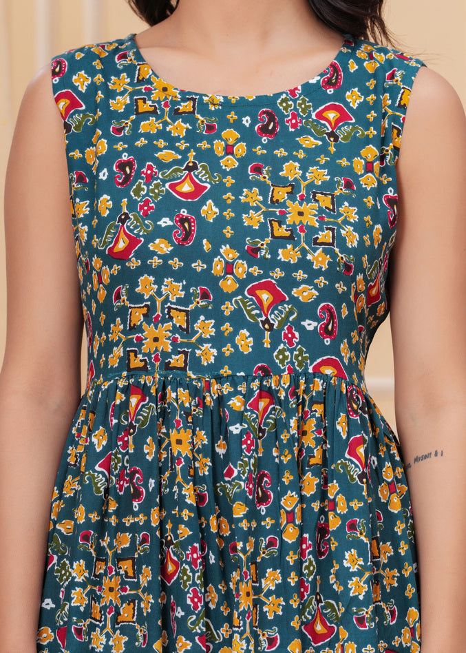 Women’s Teal Blue Ikat Sleeveless Flared Dress