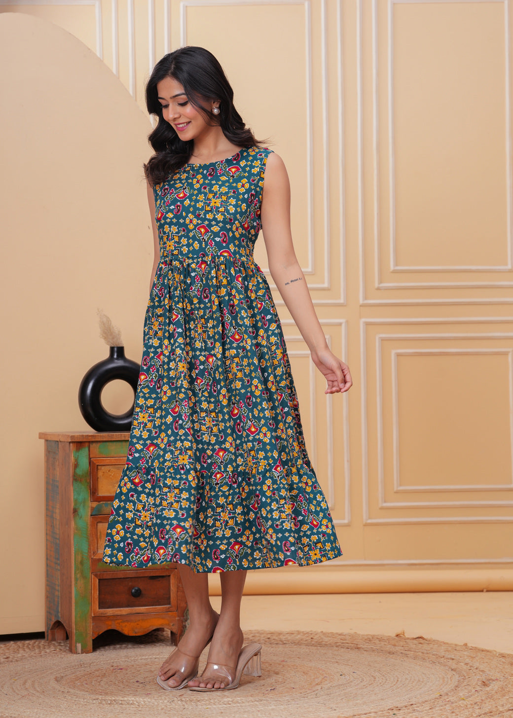 Women’s Teal Blue Ikat Sleeveless Flared Dress