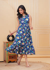 Women’s Blue Ikat Sleeveless Flared Dress