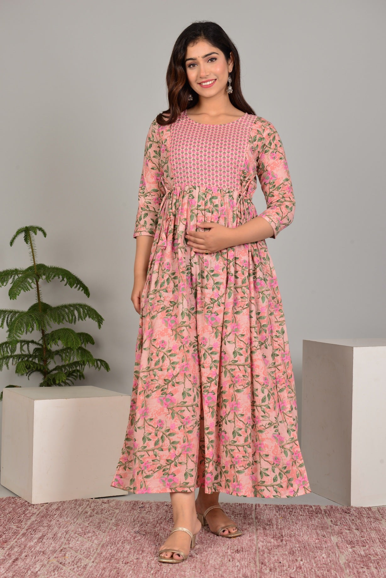 Pink Printed Pure Rayon Cotton Maternity and Feeding Kurta