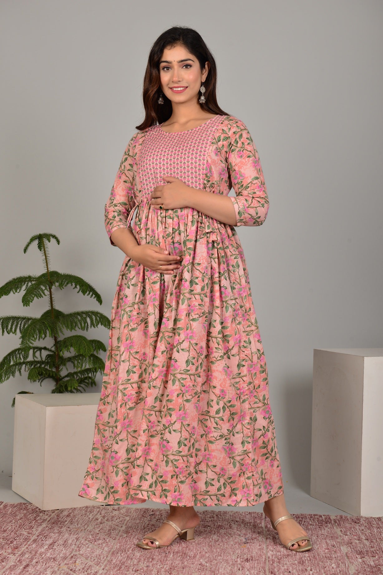 Pink Printed Pure Rayon Cotton Maternity and Feeding Kurta