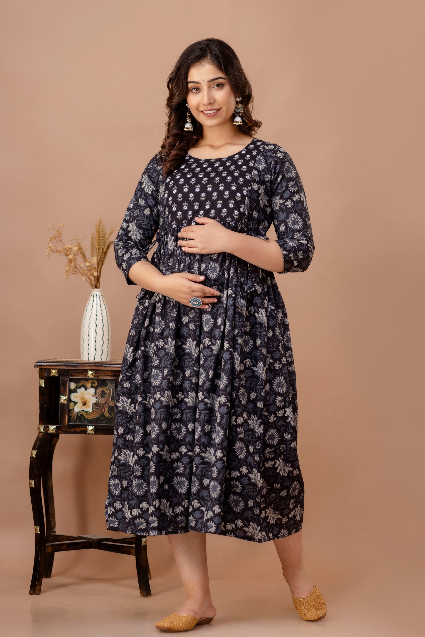 Dark Blues Printed Pure Rayon Cotton Maternity and Feeding Kurta