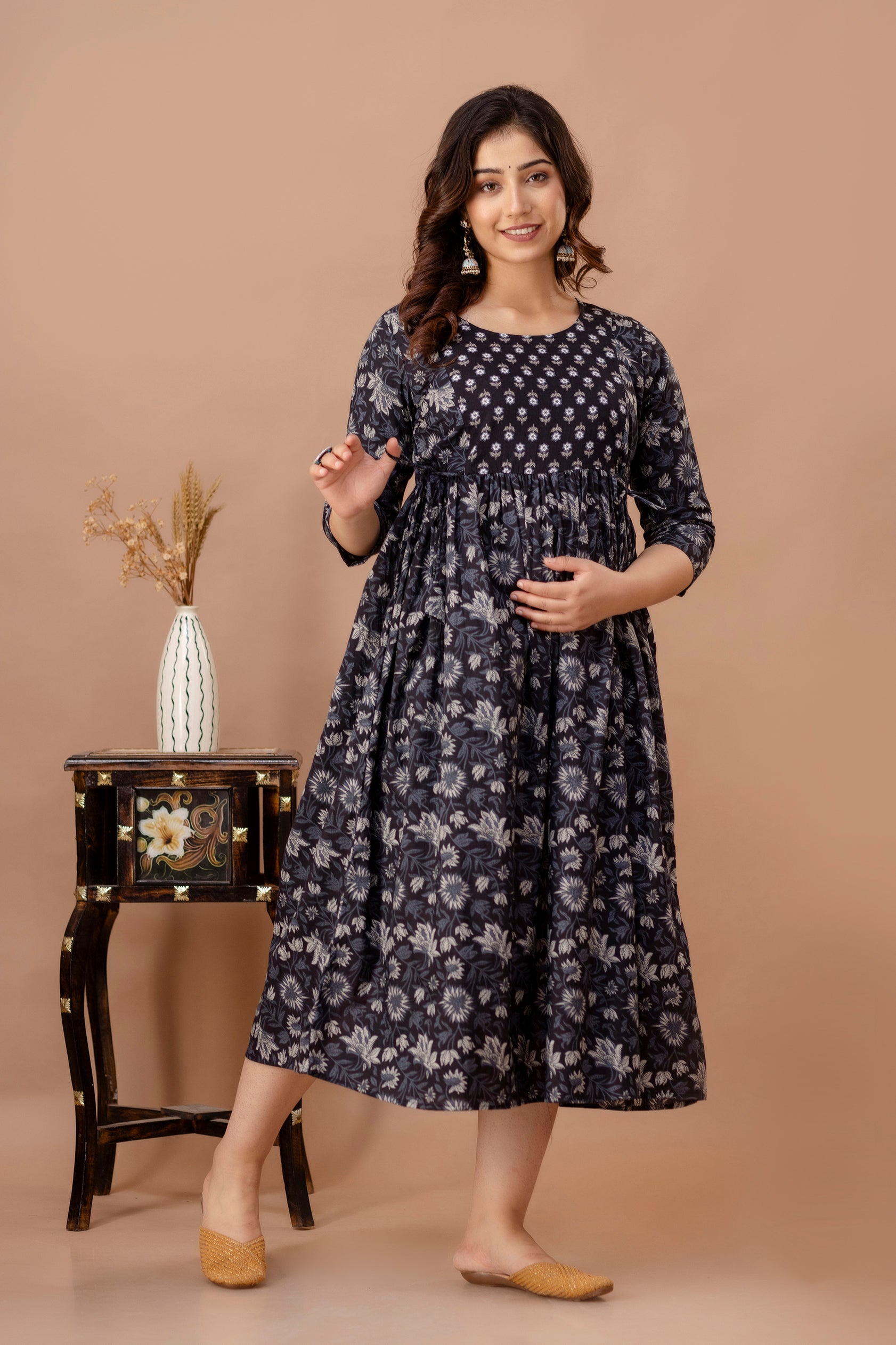 Dark Blues Printed Pure Rayon Cotton Maternity and Feeding Kurta
