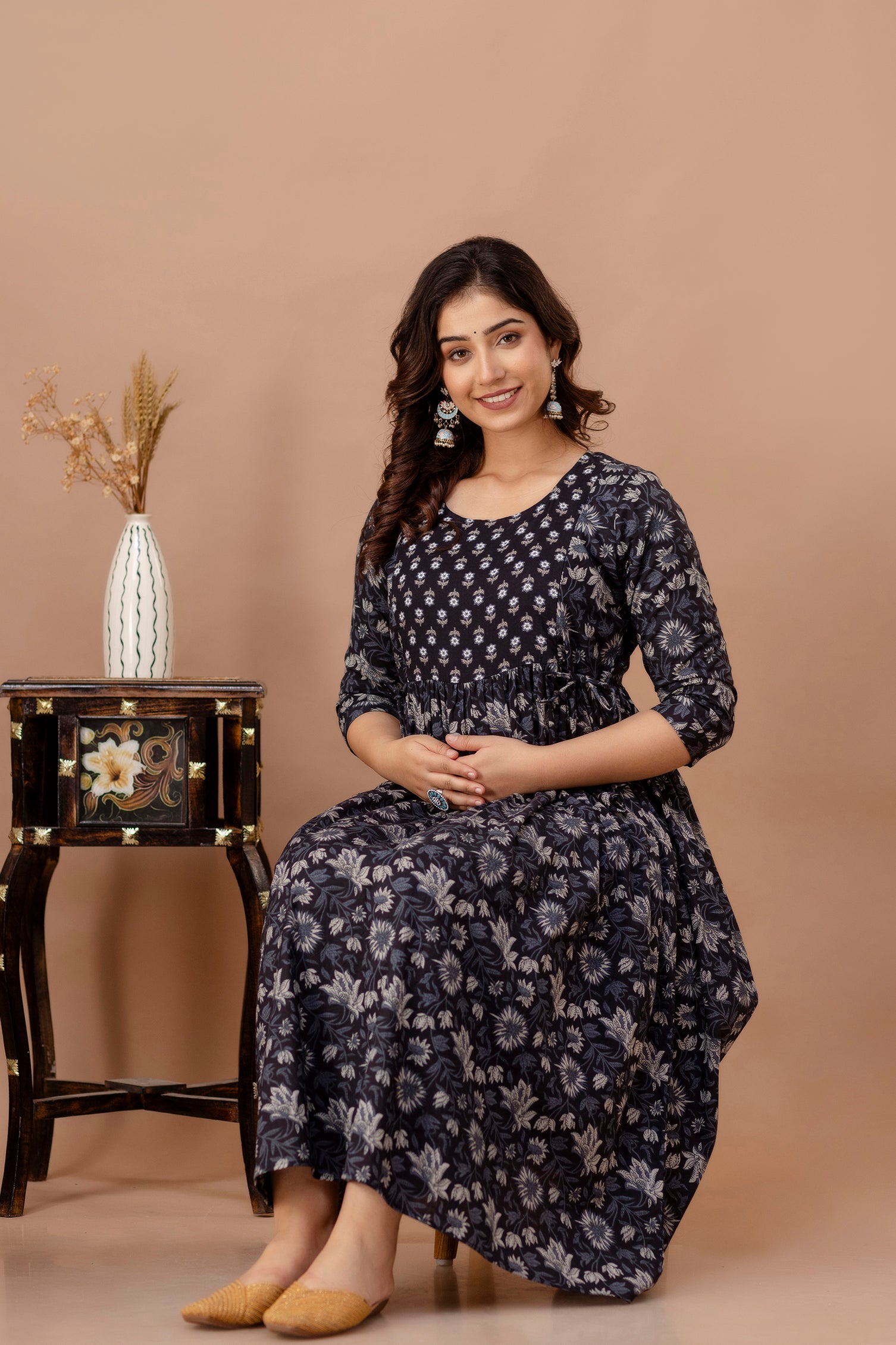 Dark Blues Printed Pure Rayon Cotton Maternity and Feeding Kurta