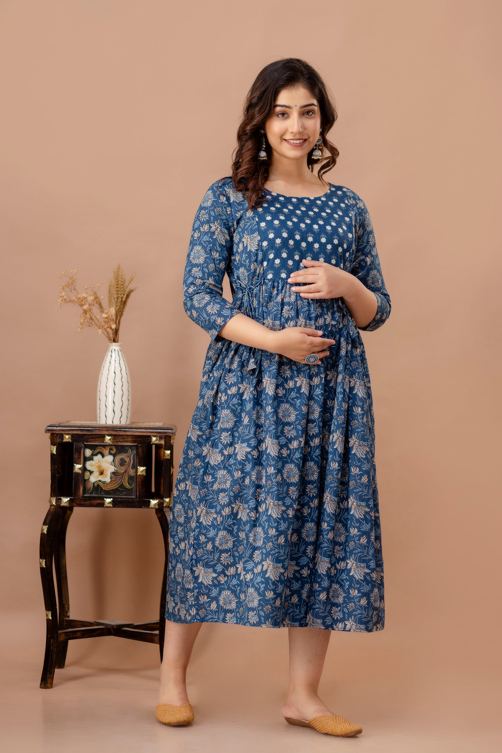 Steel Blue Printed Pure Rayon Cotton Maternity and Feeding Kurta