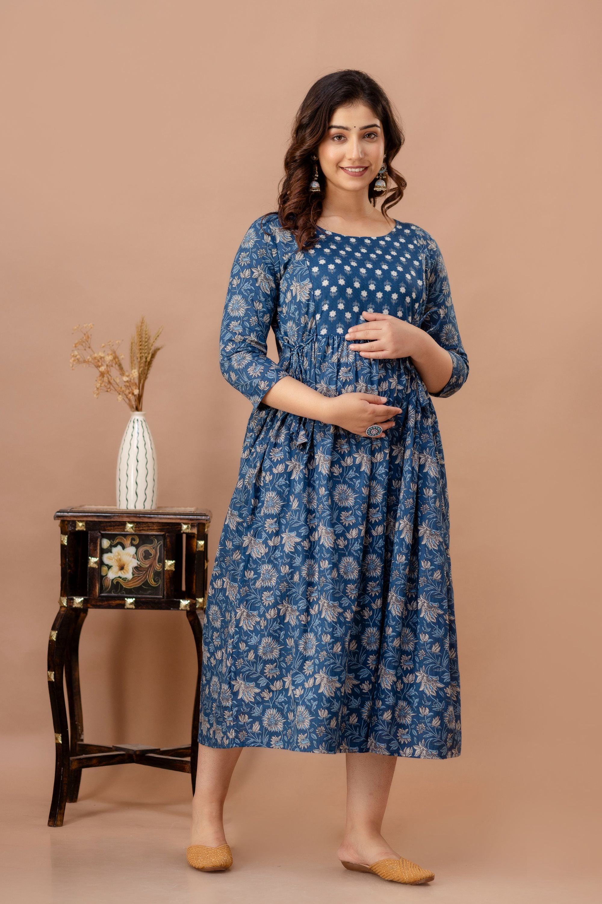 Aqua Blue Printed Pure Rayon Mateniry And Feeding Kurta