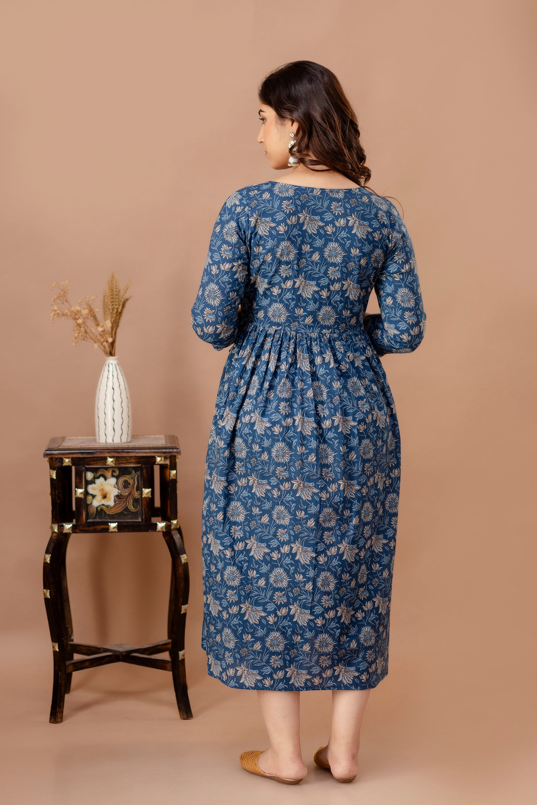 Steel Blue Printed Pure Rayon Cotton Maternity and Feeding Kurta