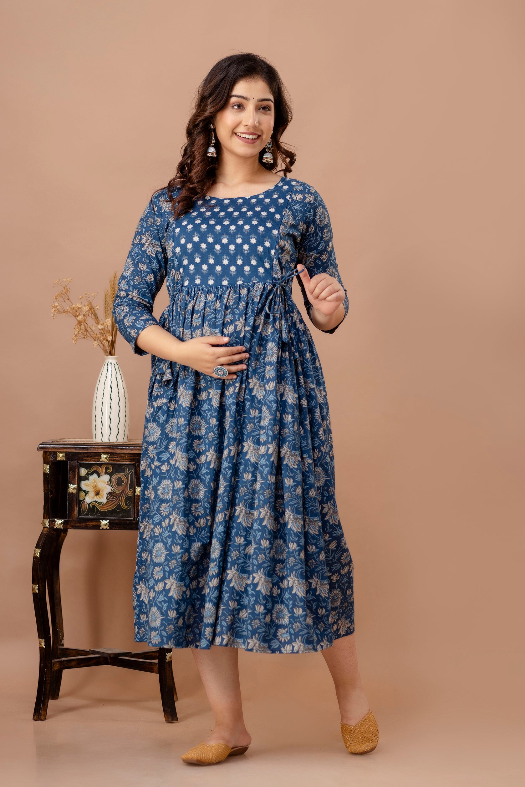 Steel Blue Printed Pure Rayon Cotton Maternity and Feeding Kurta