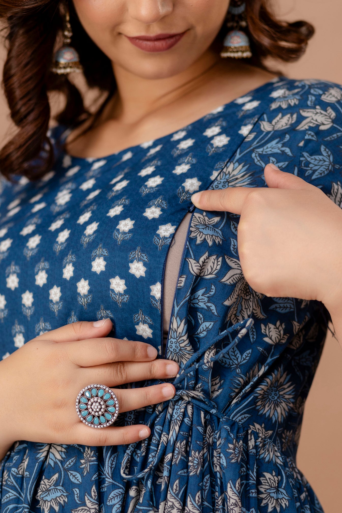 Steel Blue Printed Pure Rayon Cotton Maternity and Feeding Kurta
