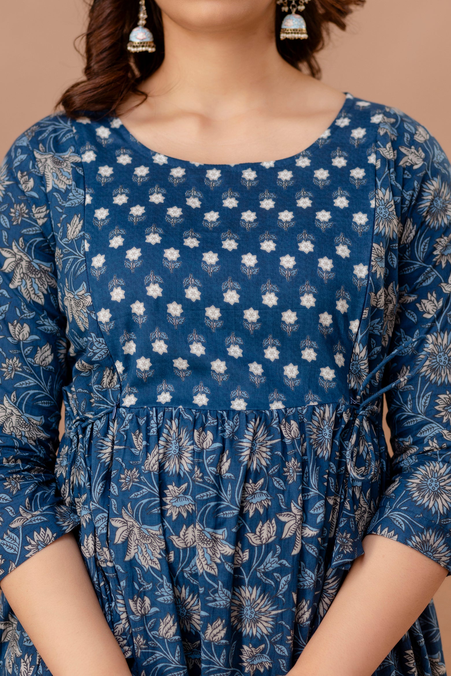Steel Blue Printed Pure Rayon Cotton Maternity and Feeding Kurta
