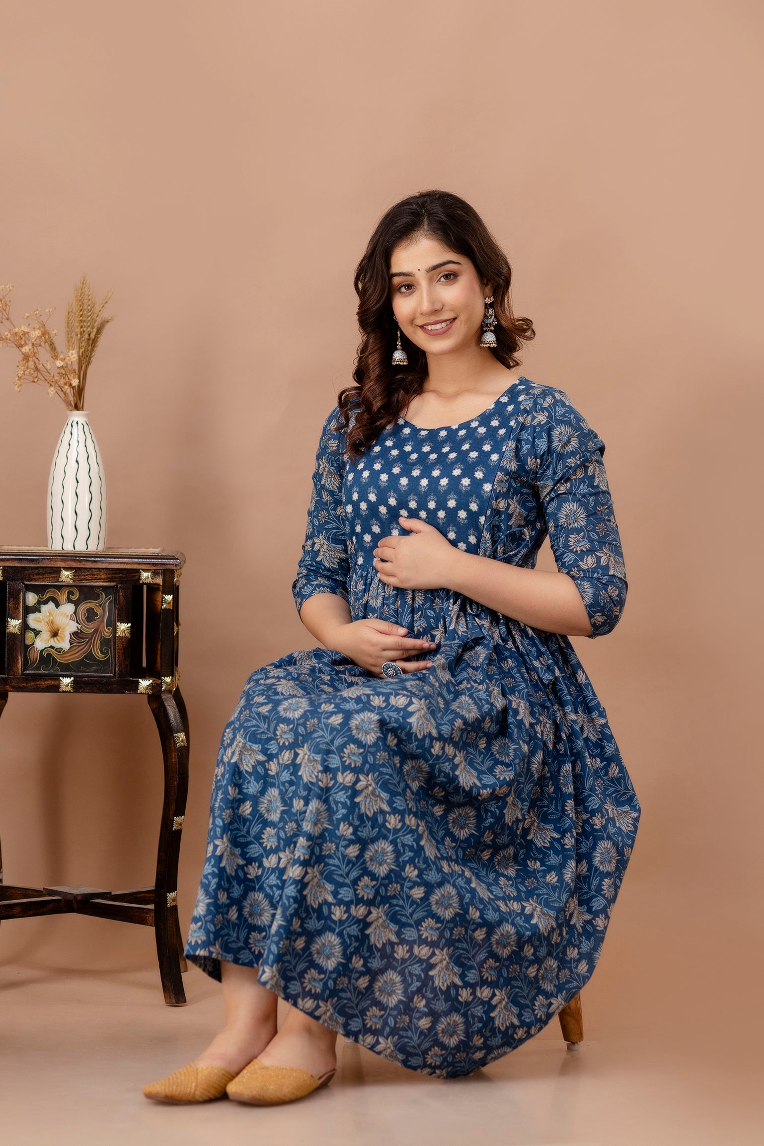 Steel Blue Printed Pure Rayon Cotton Maternity and Feeding Kurta