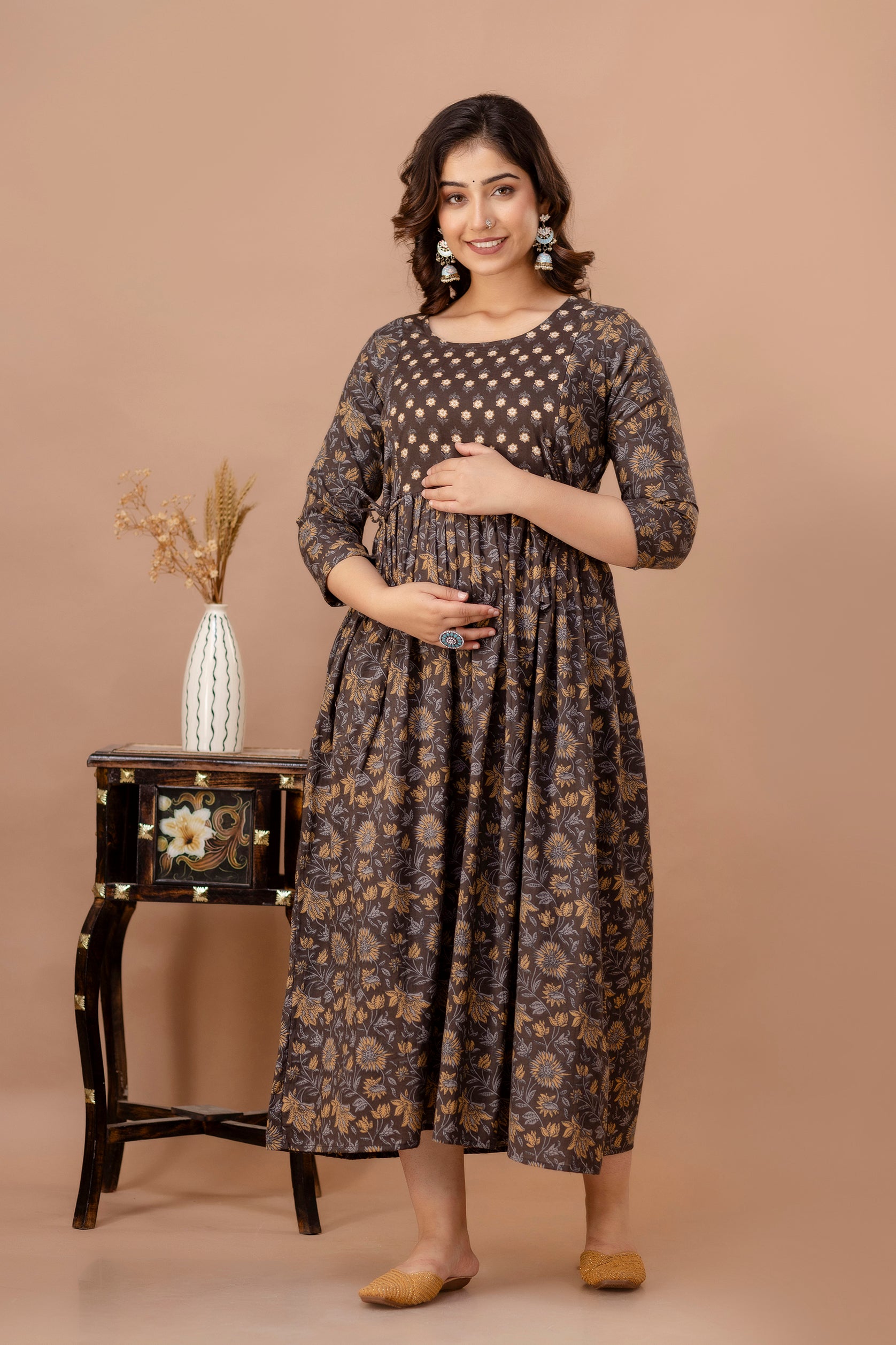 Brown Printed Pure Rayon Cotton Maternity and Feeding Kurta