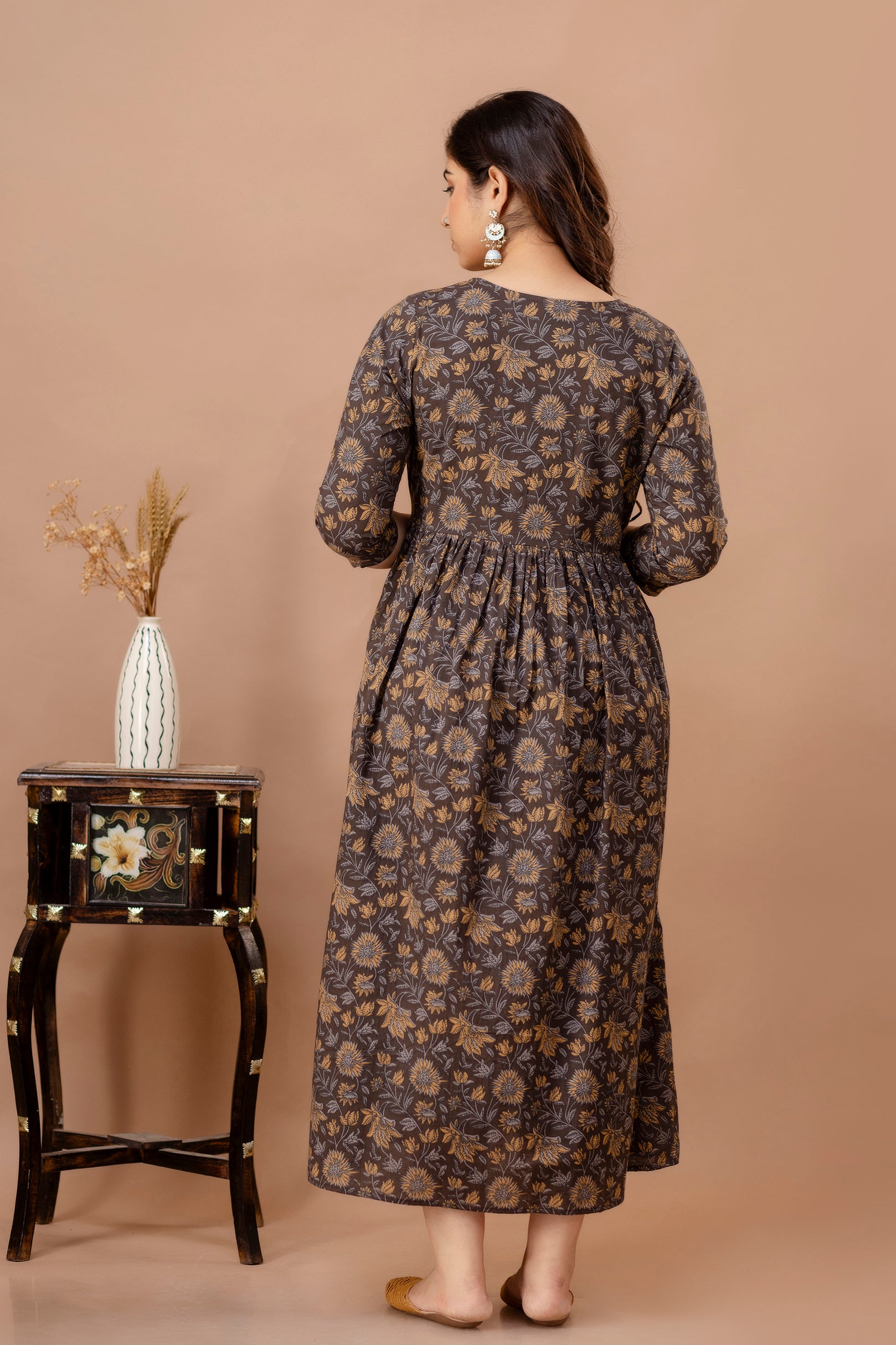 Brown Printed Pure Rayon Cotton Maternity and Feeding Kurta
