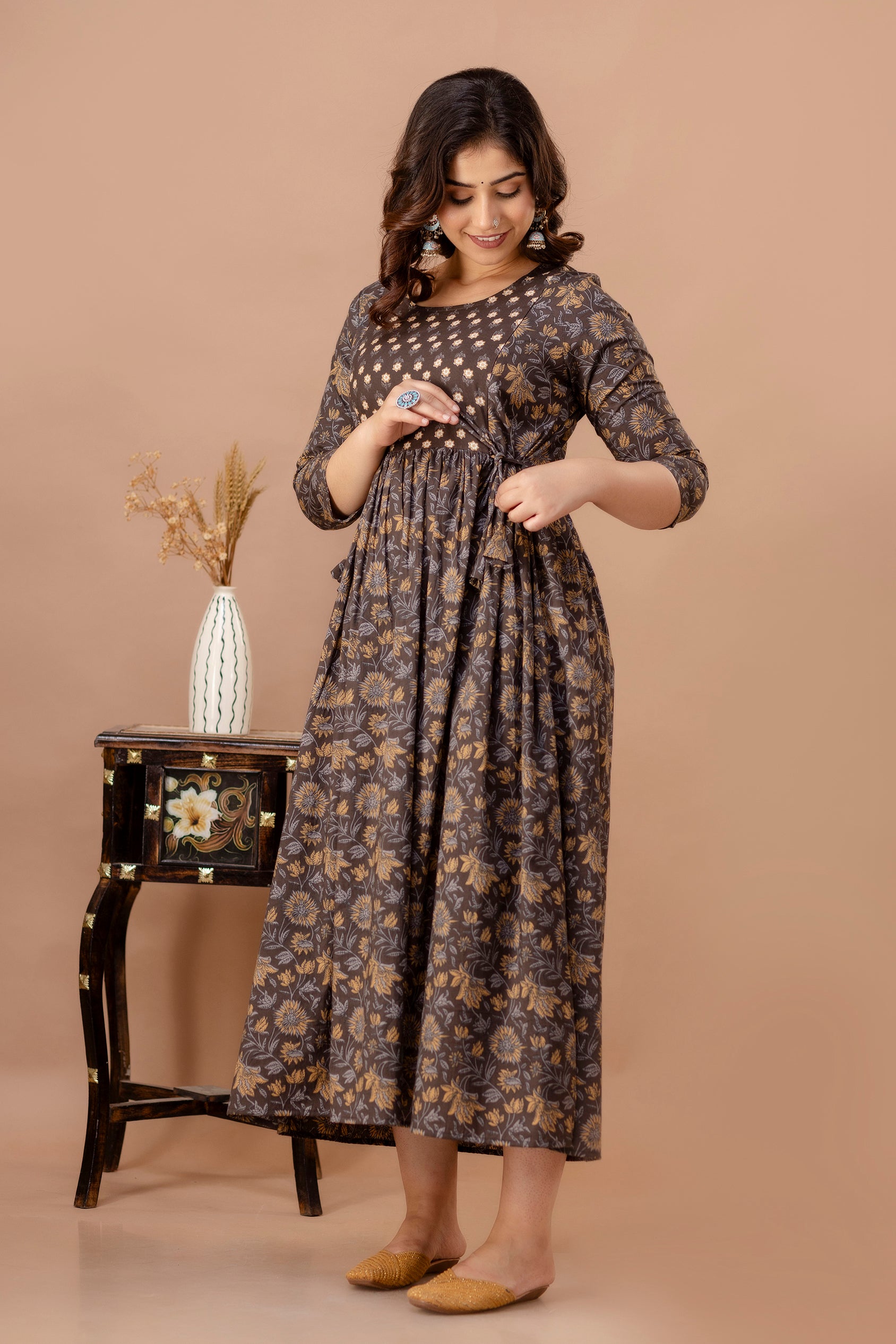 Brown Printed Pure Rayon Cotton Maternity and Feeding Kurta