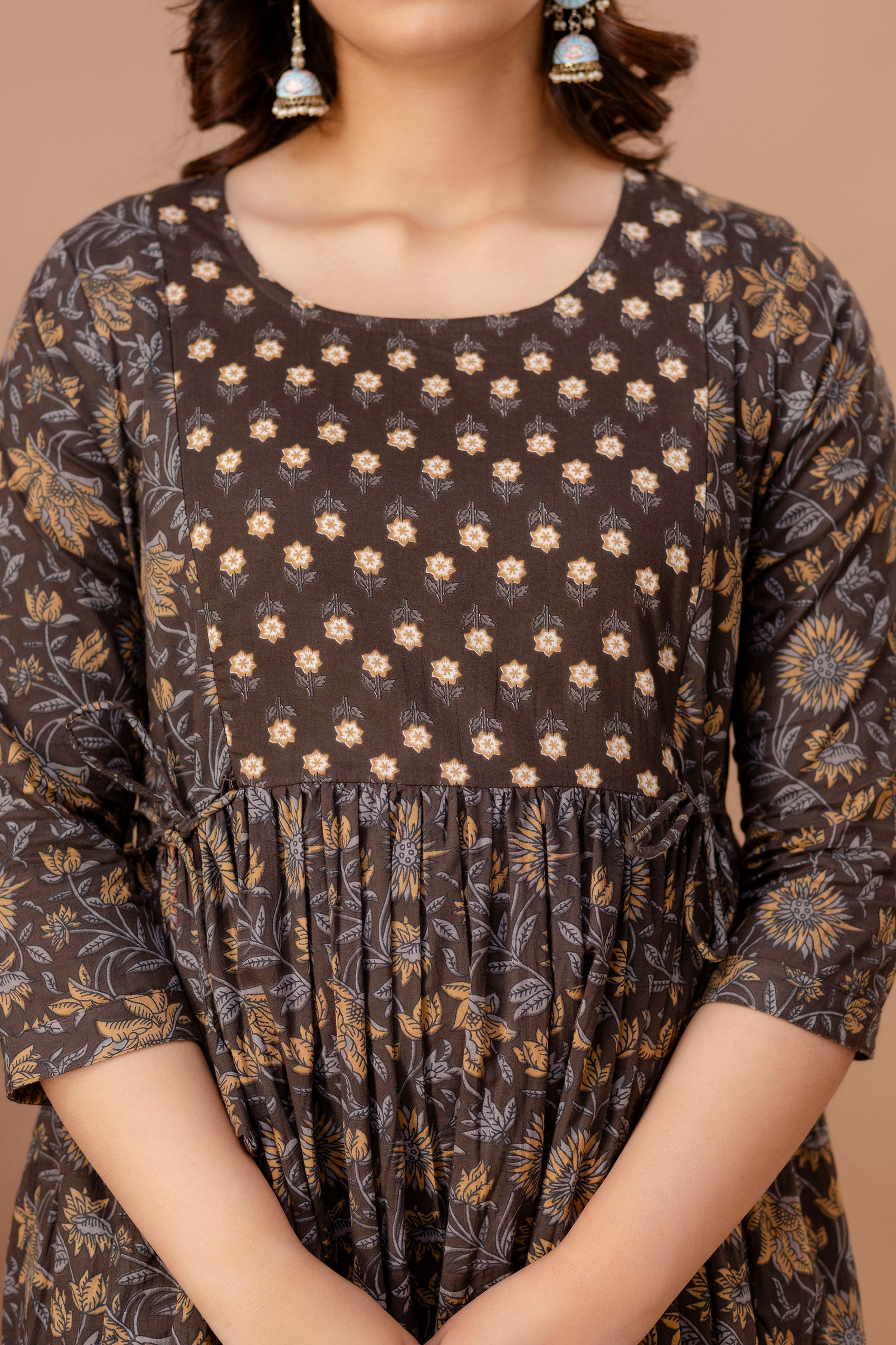 Brown Printed Pure Rayon Cotton Maternity and Feeding Kurta