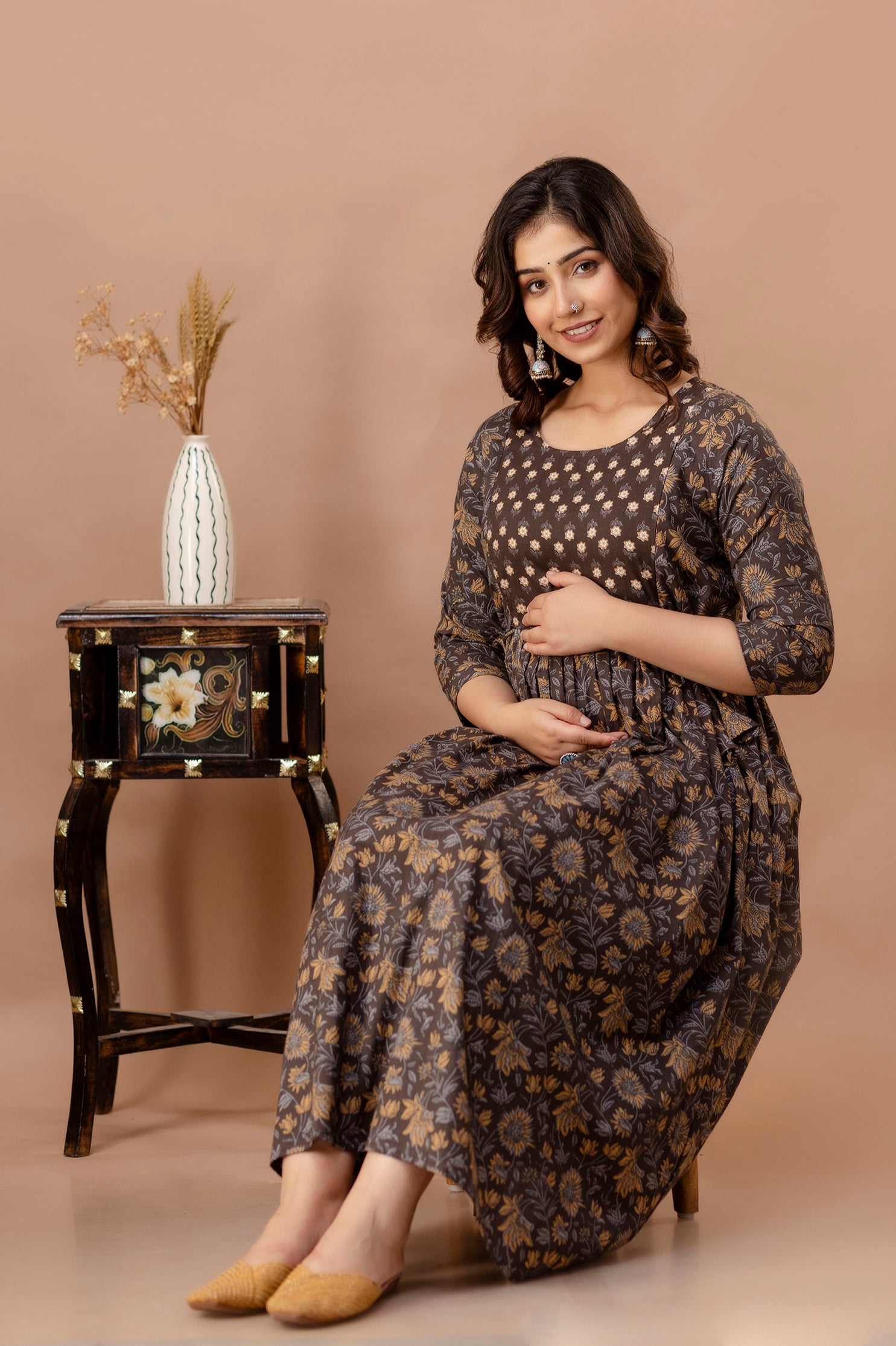 Brown Printed Pure Rayon Cotton Maternity and Feeding Kurta