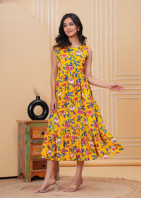 Women’s Yellow Ikat Sleeveless Flared Dress