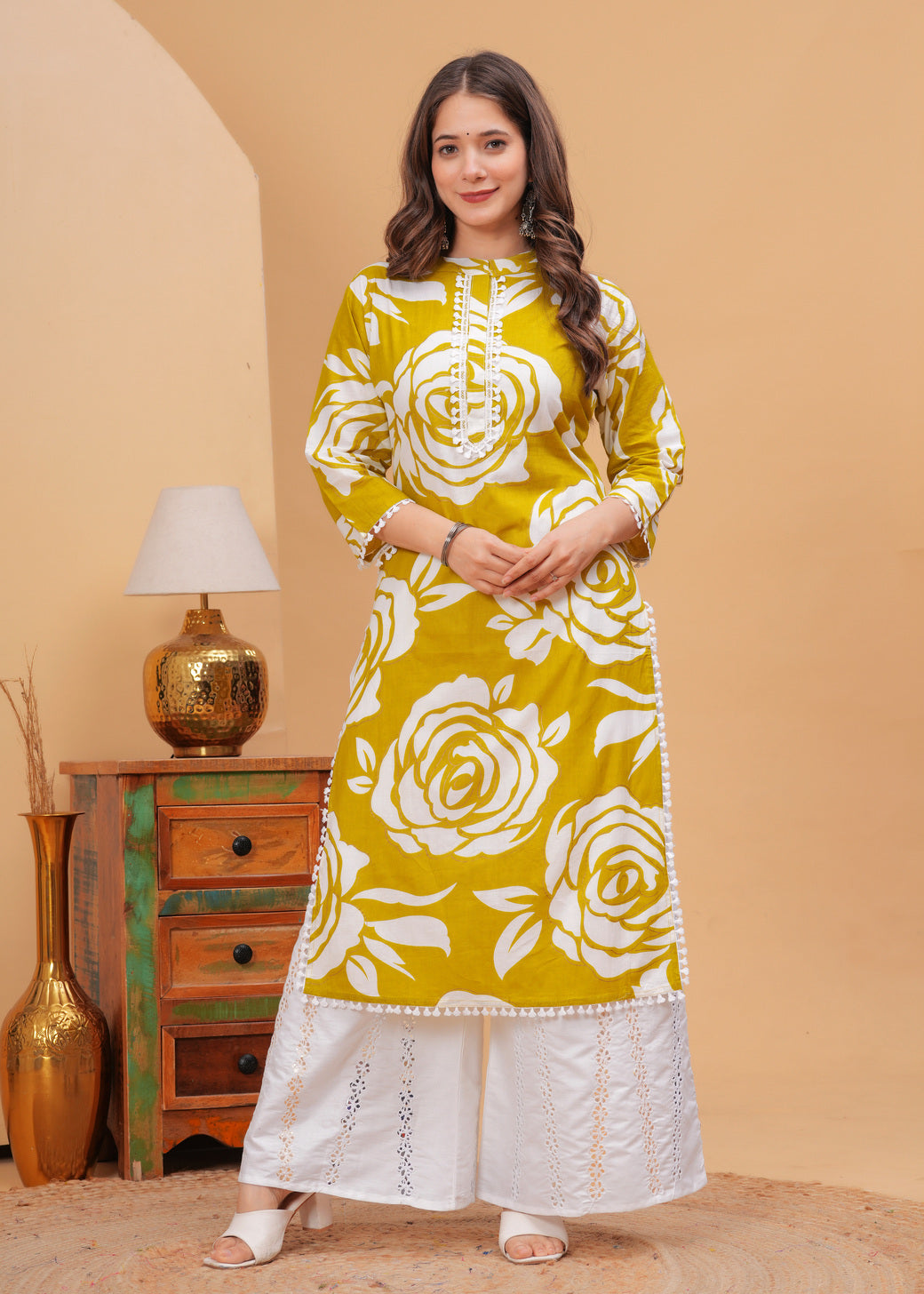 Mustard Yellow Ethnic Printed High Neck Pure Cotton Kurta