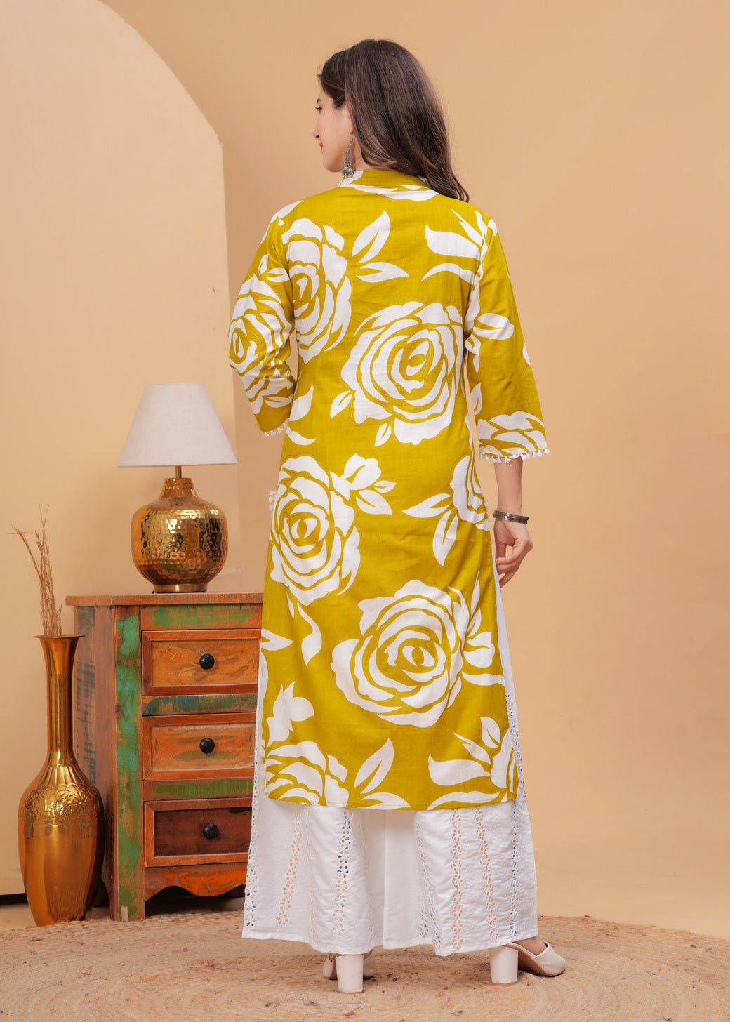 Mustard Yellow Ethnic Printed High Neck Pure Cotton Kurta