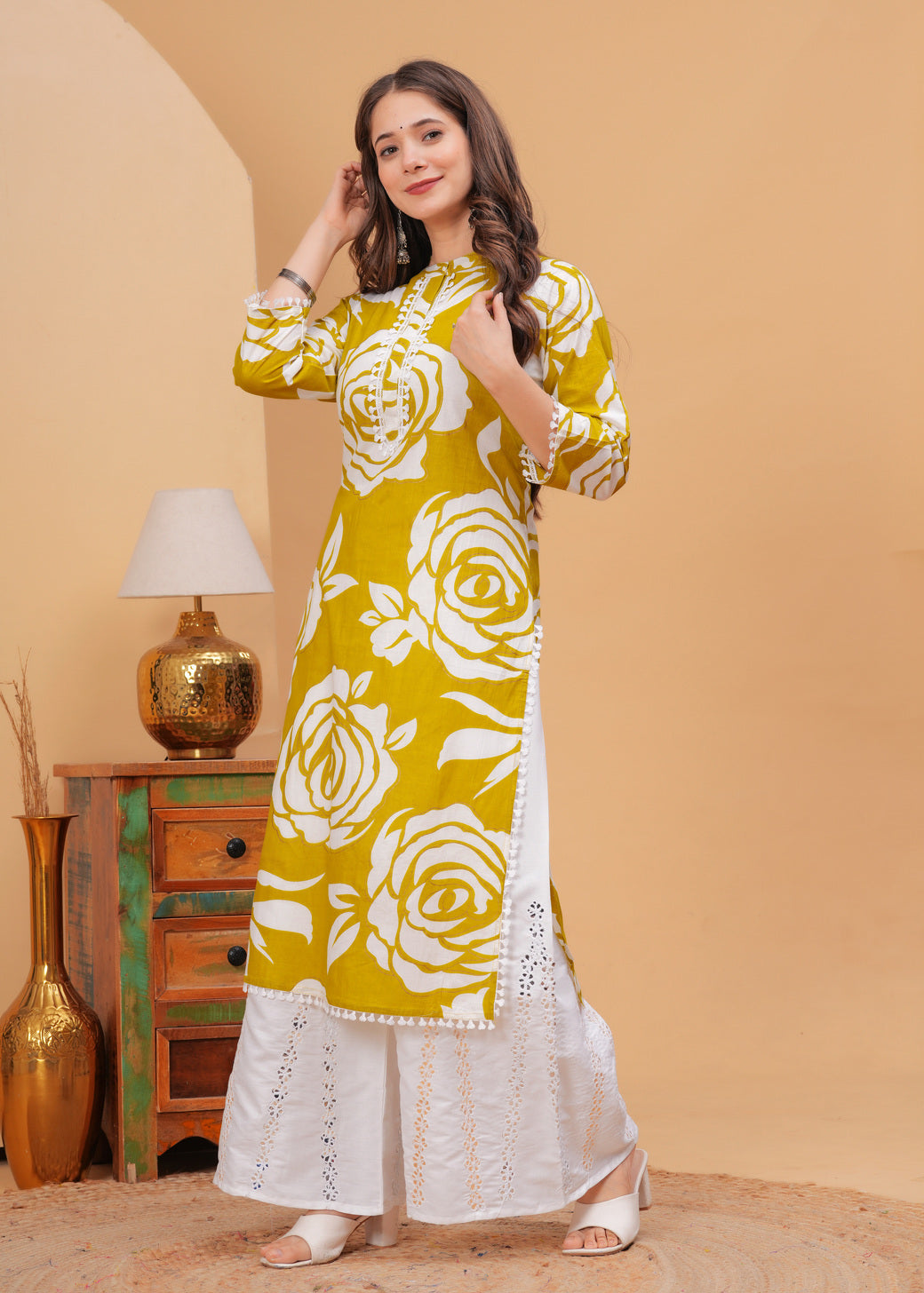 Mustard Yellow Ethnic Printed High Neck Pure Cotton Kurta